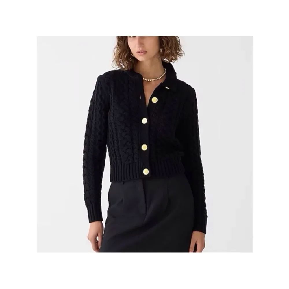 J. Crew Black Cable-Knit Ruffle Neck Button Up Cardigan Sweater Size S